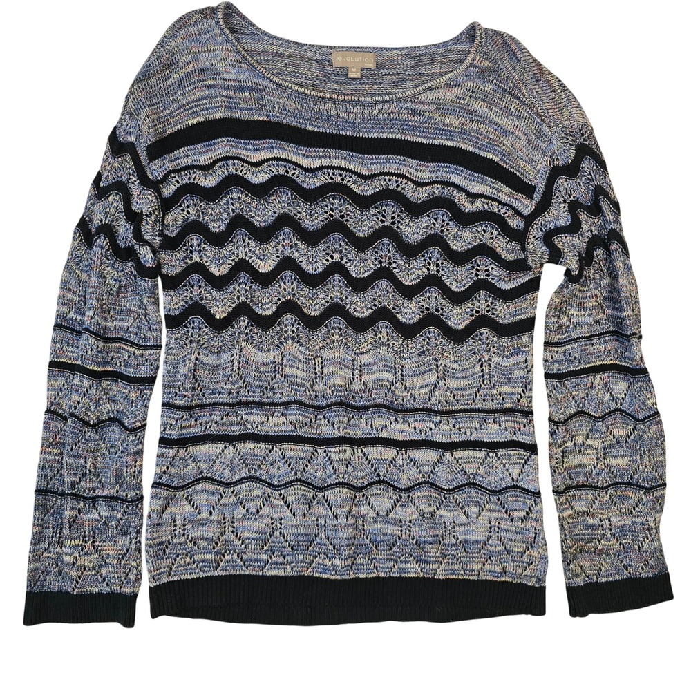 Evolution by Cyrus Blue Space Dye Chevron Pointelle Knit Sweater Womens Medium